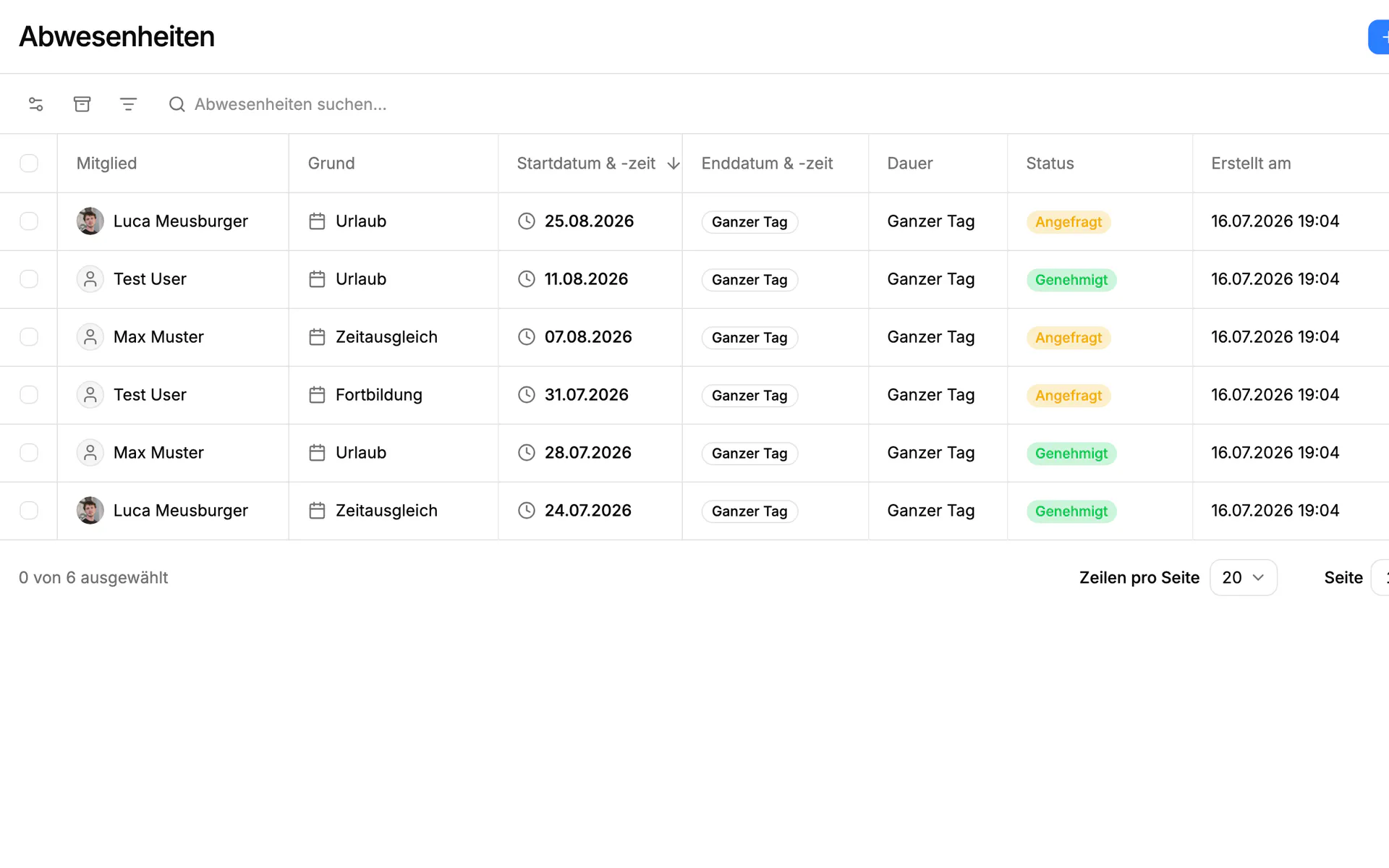 Screenshot: Abwesenheiten in Einblick