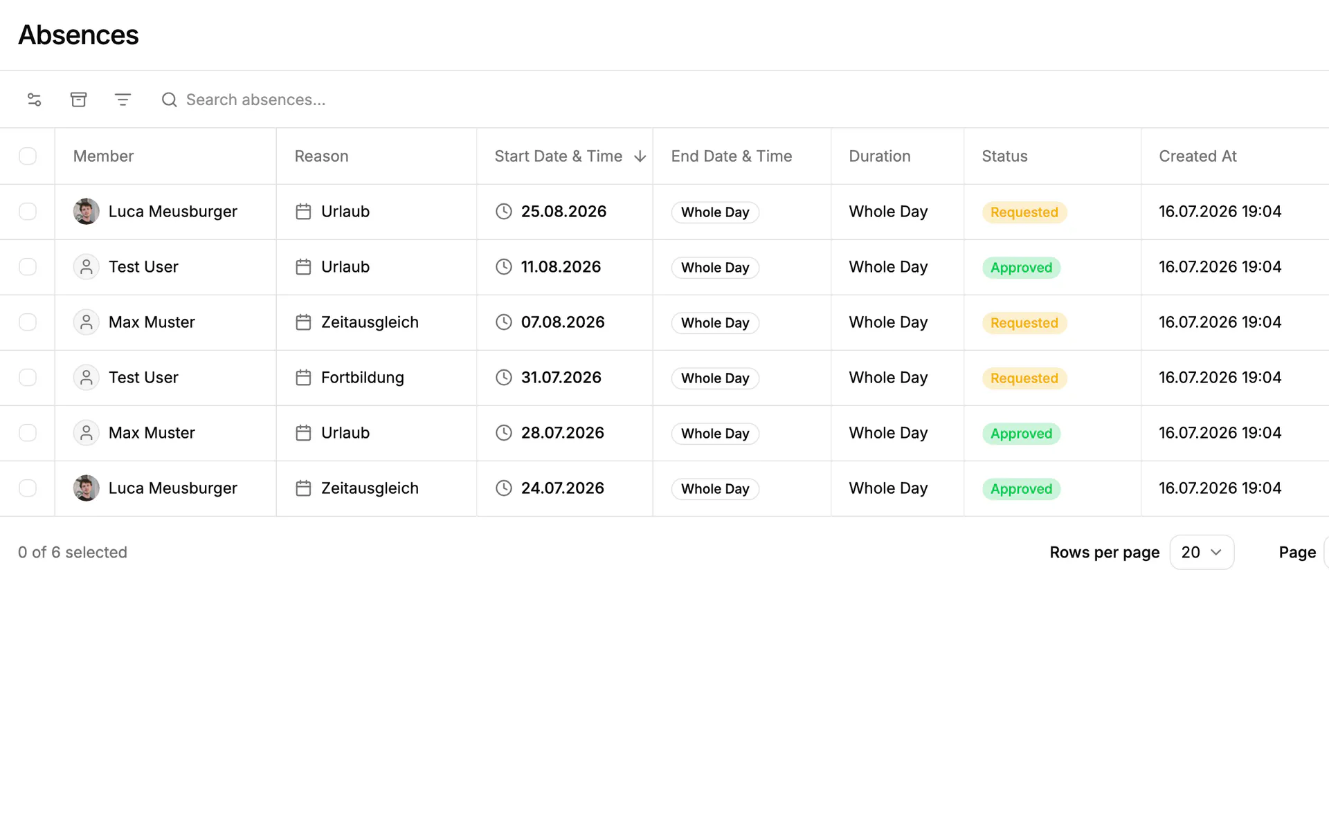 Screenshot: Absences in Einblick