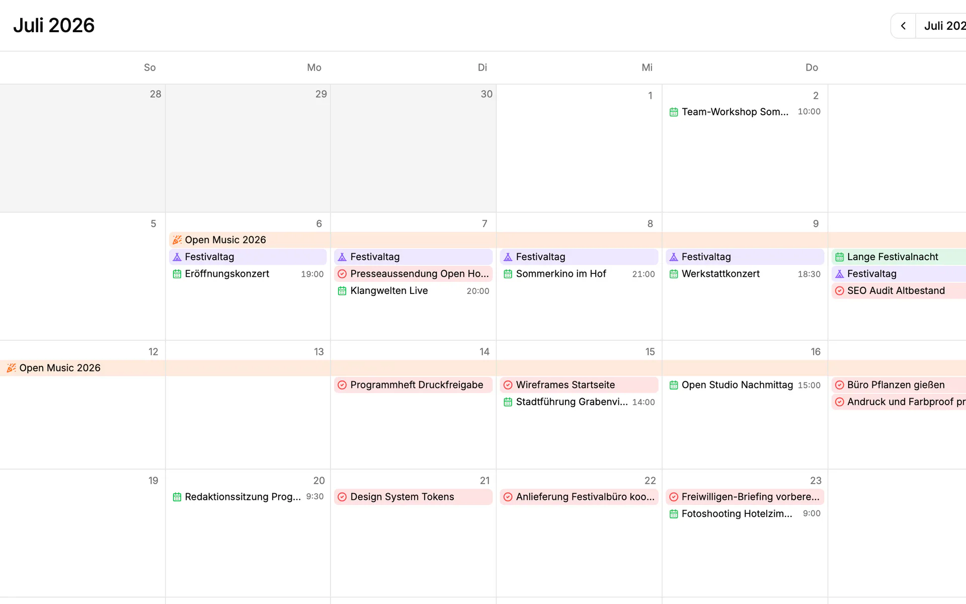 Screenshot: Kalender in Einblick