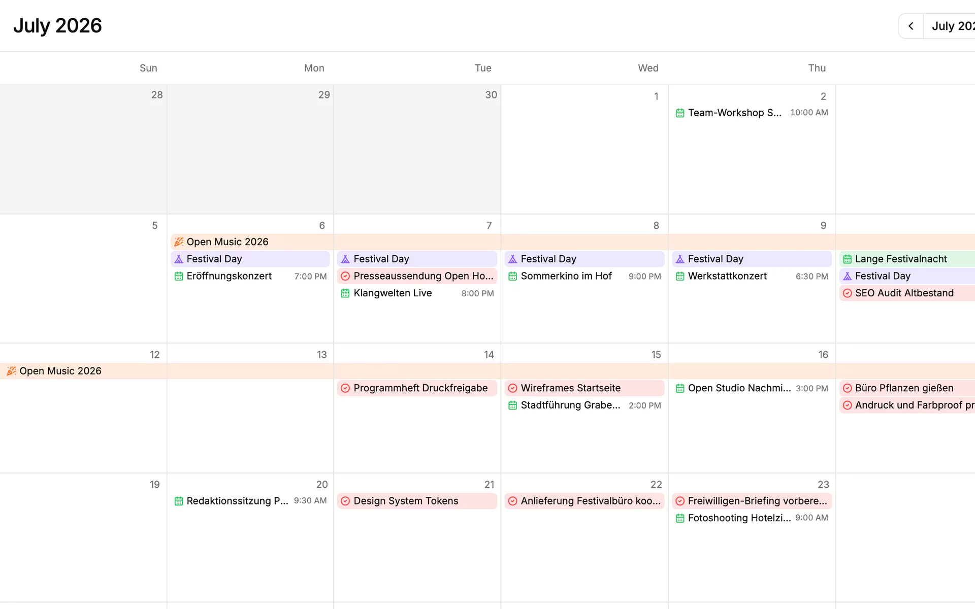 Screenshot: Calendar in Einblick