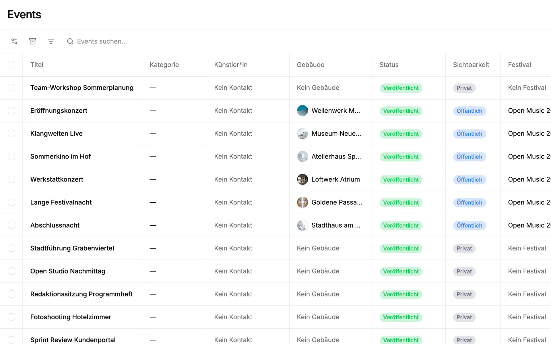 Screenshot: Events in Einblick