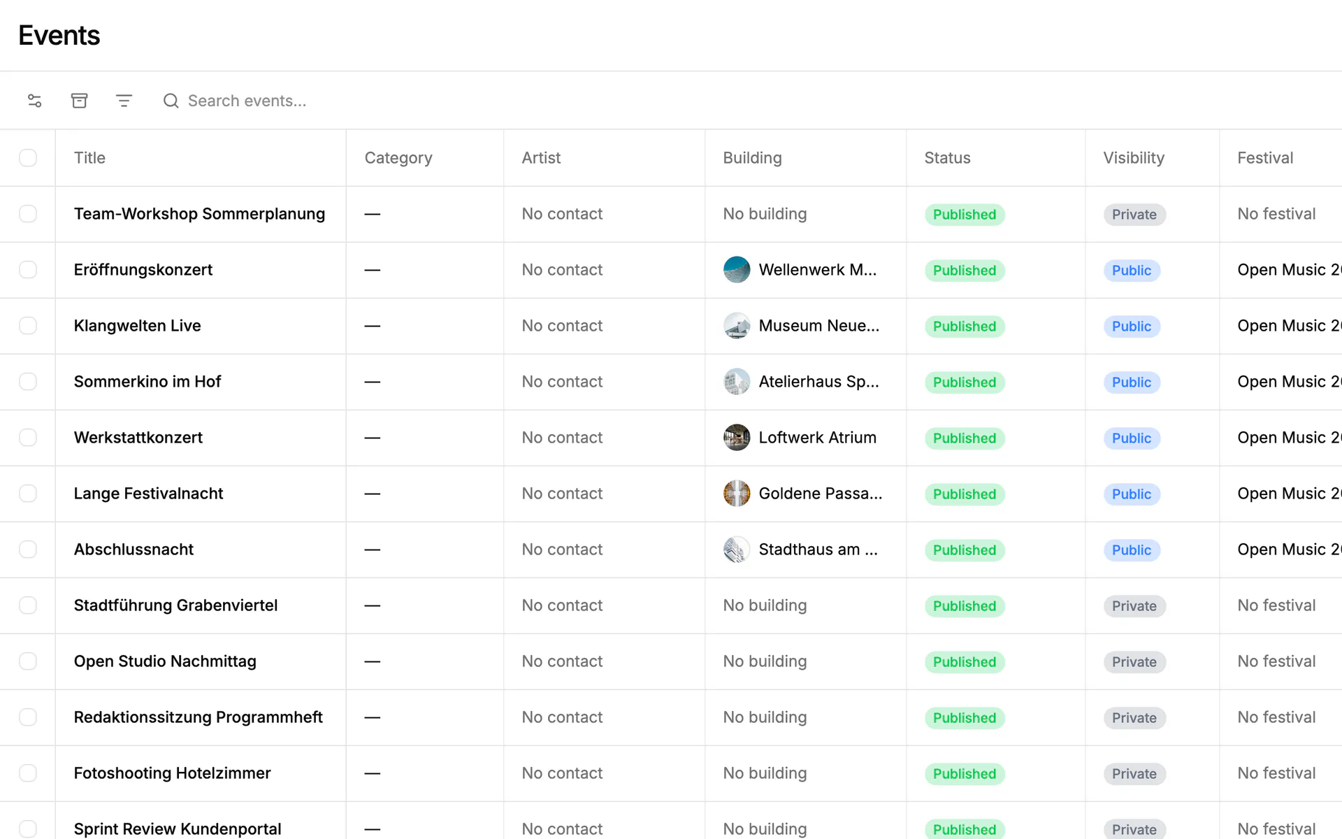 Screenshot: Events in Einblick