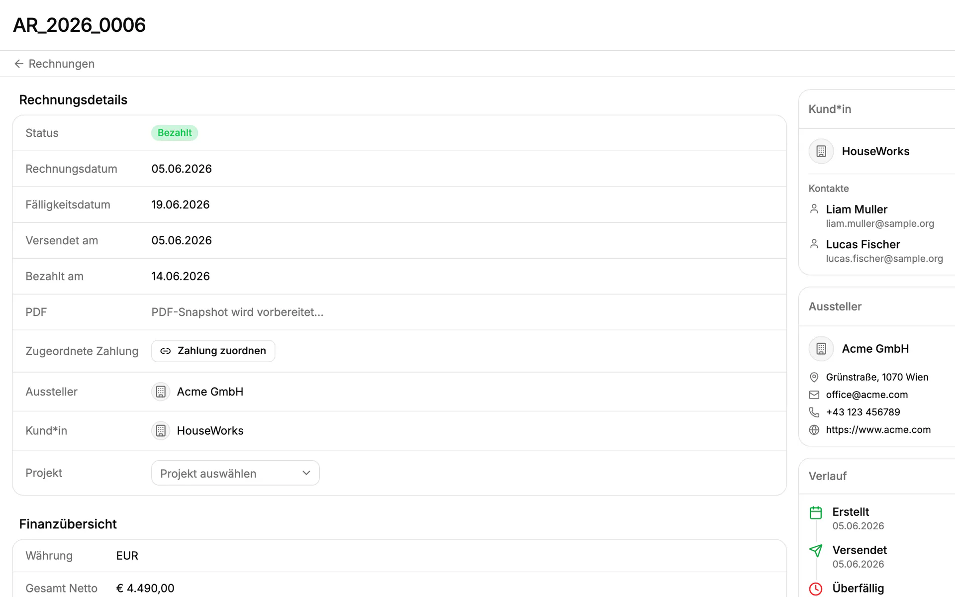 Screenshot: Rechnungsdetail in Einblick