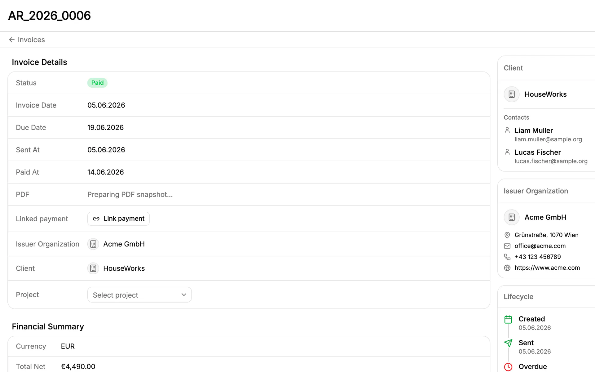 Screenshot: Invoice detail in Einblick