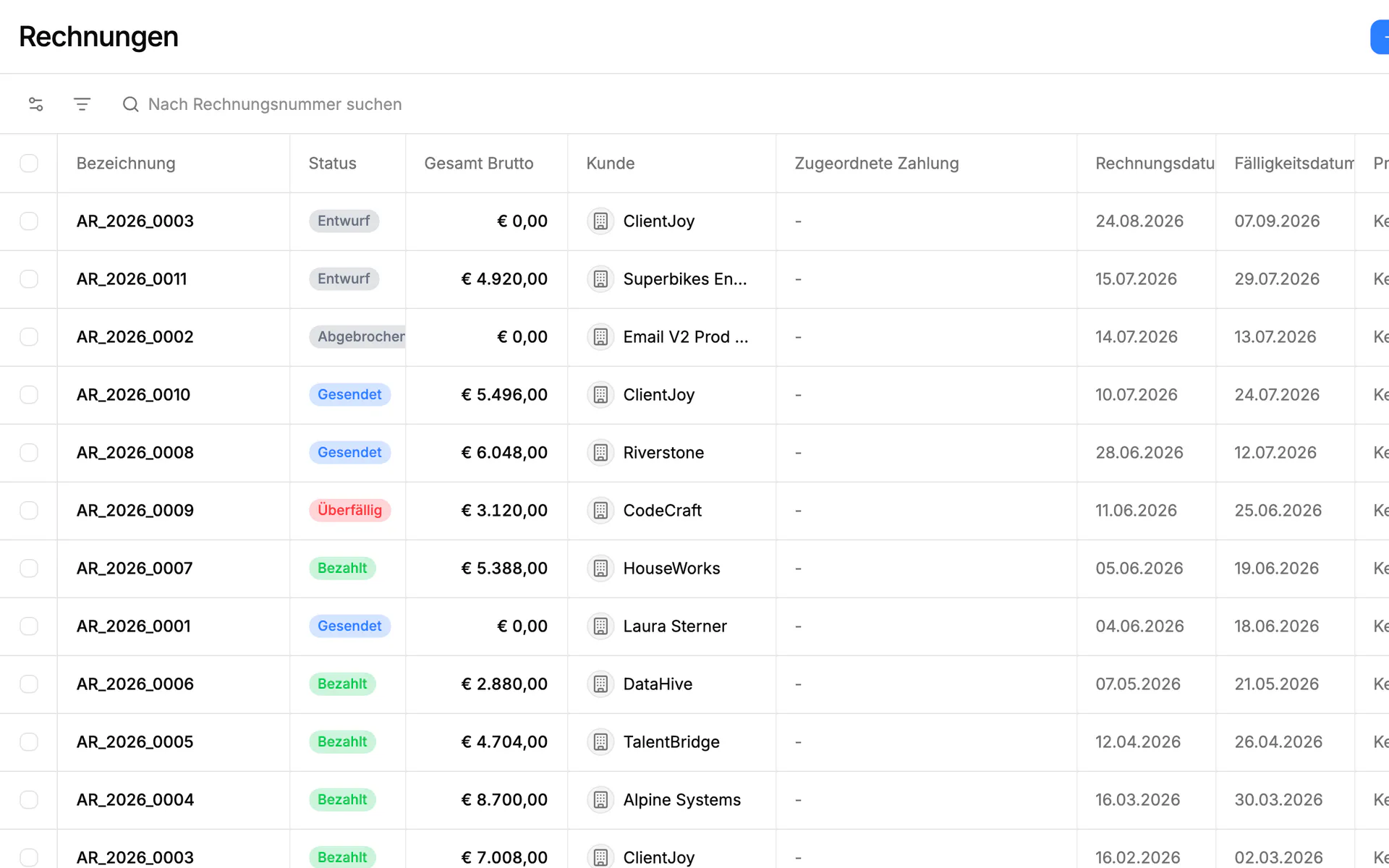 Screenshot: Rechnungen in Einblick