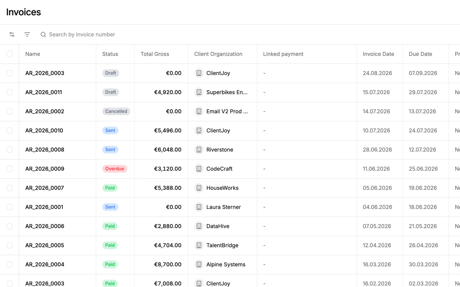 Screenshot: Invoices in Einblick