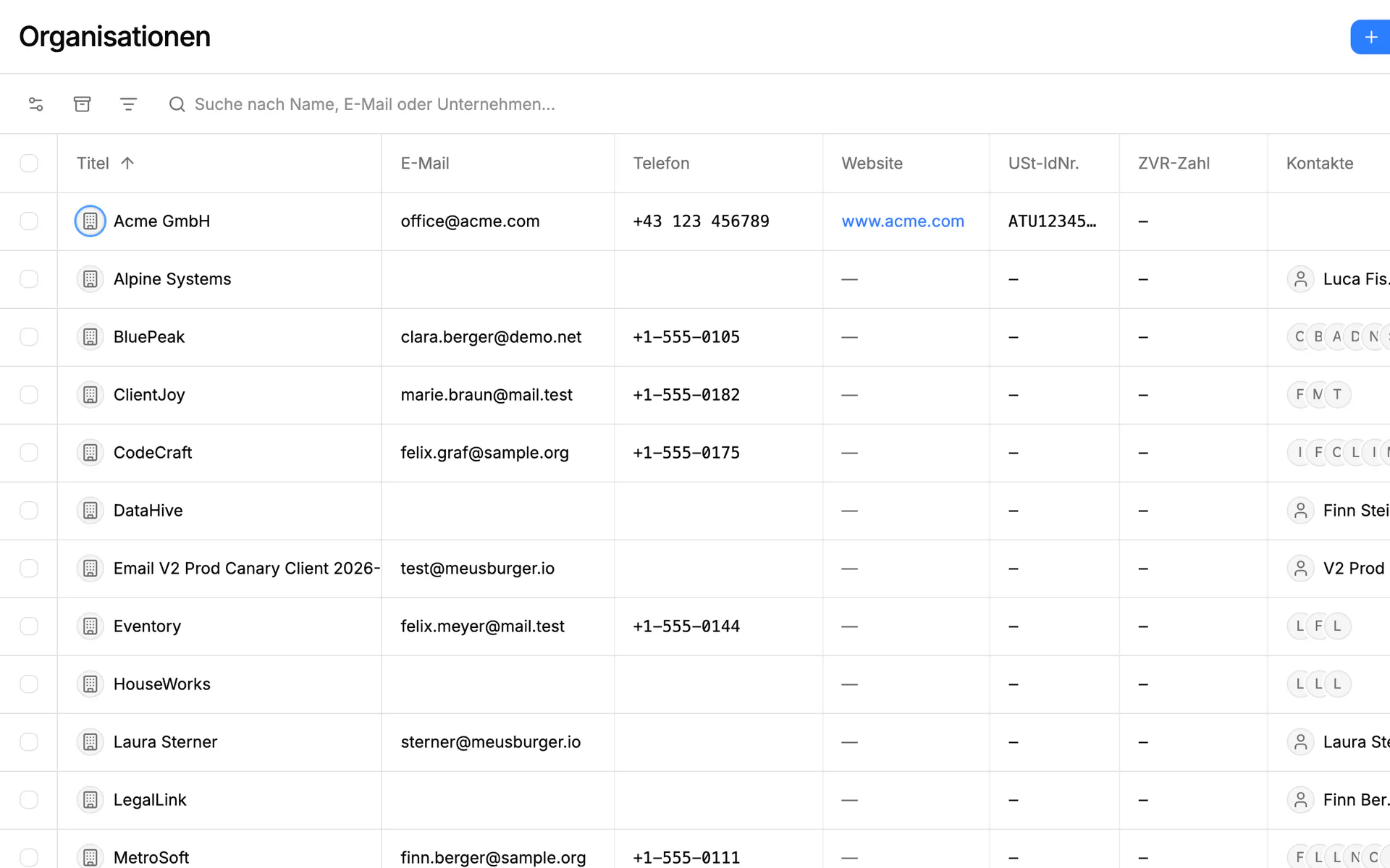 Screenshot: Organisationen in Einblick