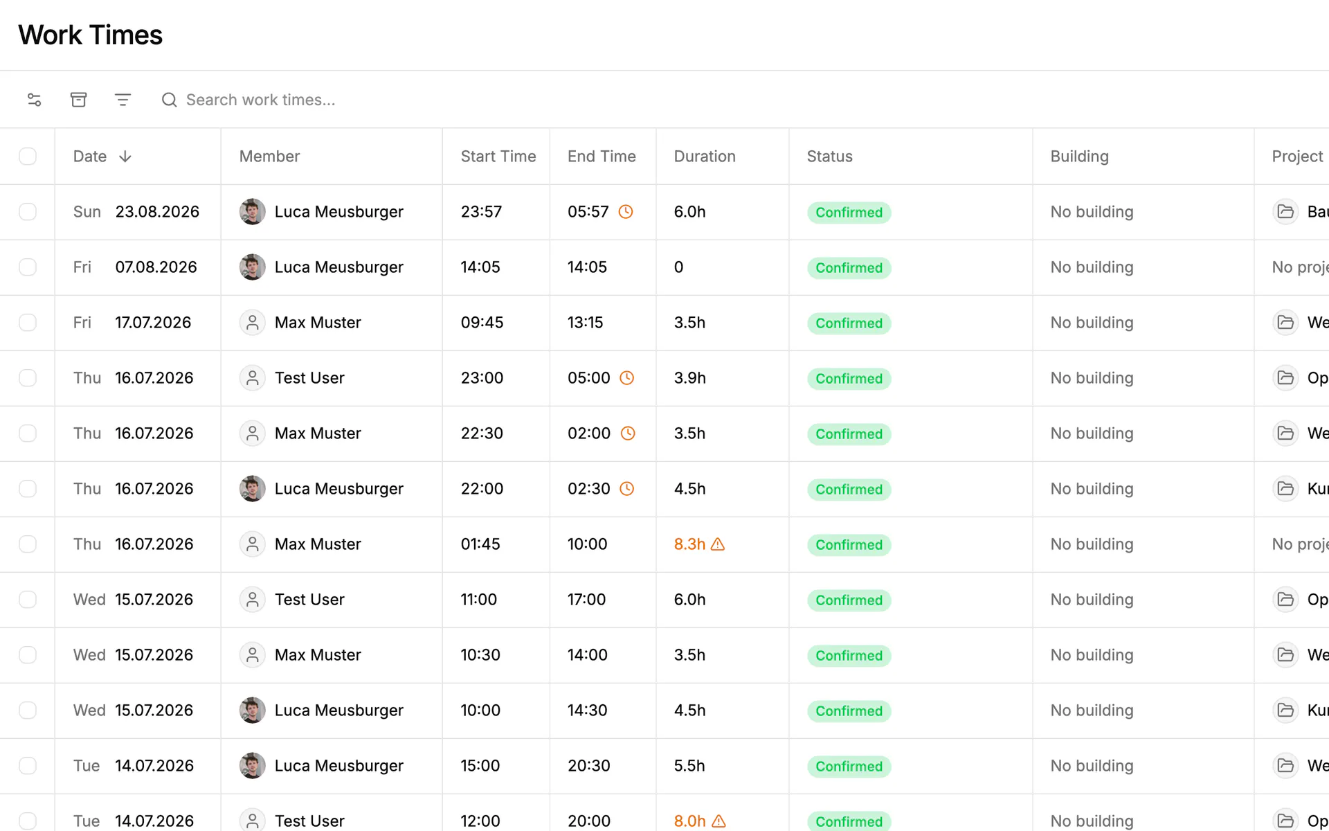 Screenshot: Working hours in Einblick